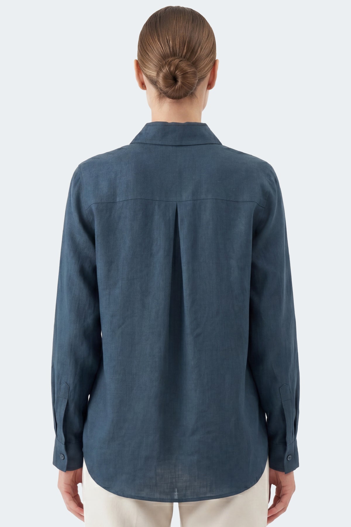 Kadın Gia %100 Doğal Keten Gömlek - Klasik Yaka Basic Minimalist Tasarım Lacivert W207-K0401-03
