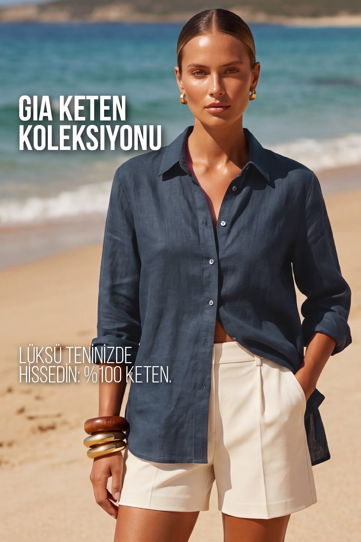 Kadın Gia %100 Doğal Keten Gömlek - Klasik Yaka Basic Minimalist Tasarım Lacivert W207-K0401-03