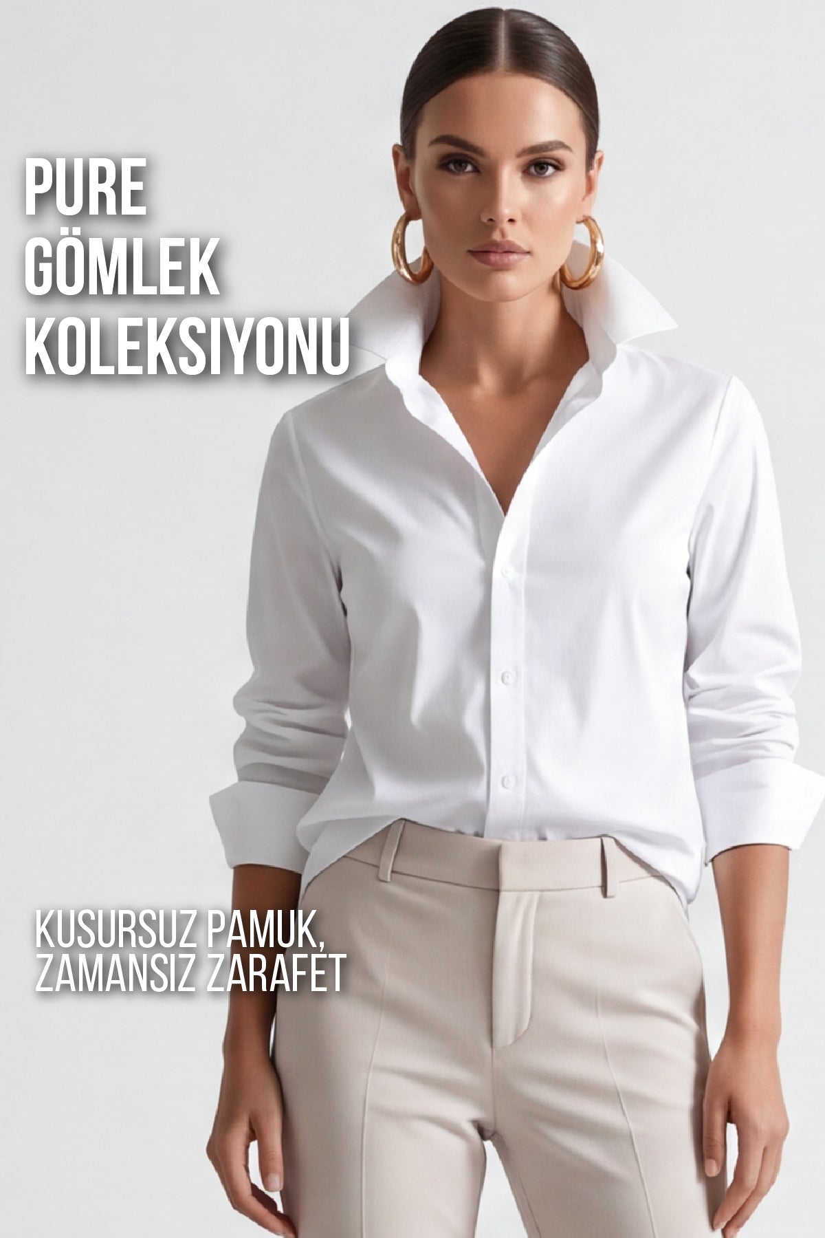 Kadın Pure 50/1 Kompakt Pamuk Likralı Gömlek - Pürüzsüz Doku Minimalist Klasik Kesim Beyaz W205-K0304-01