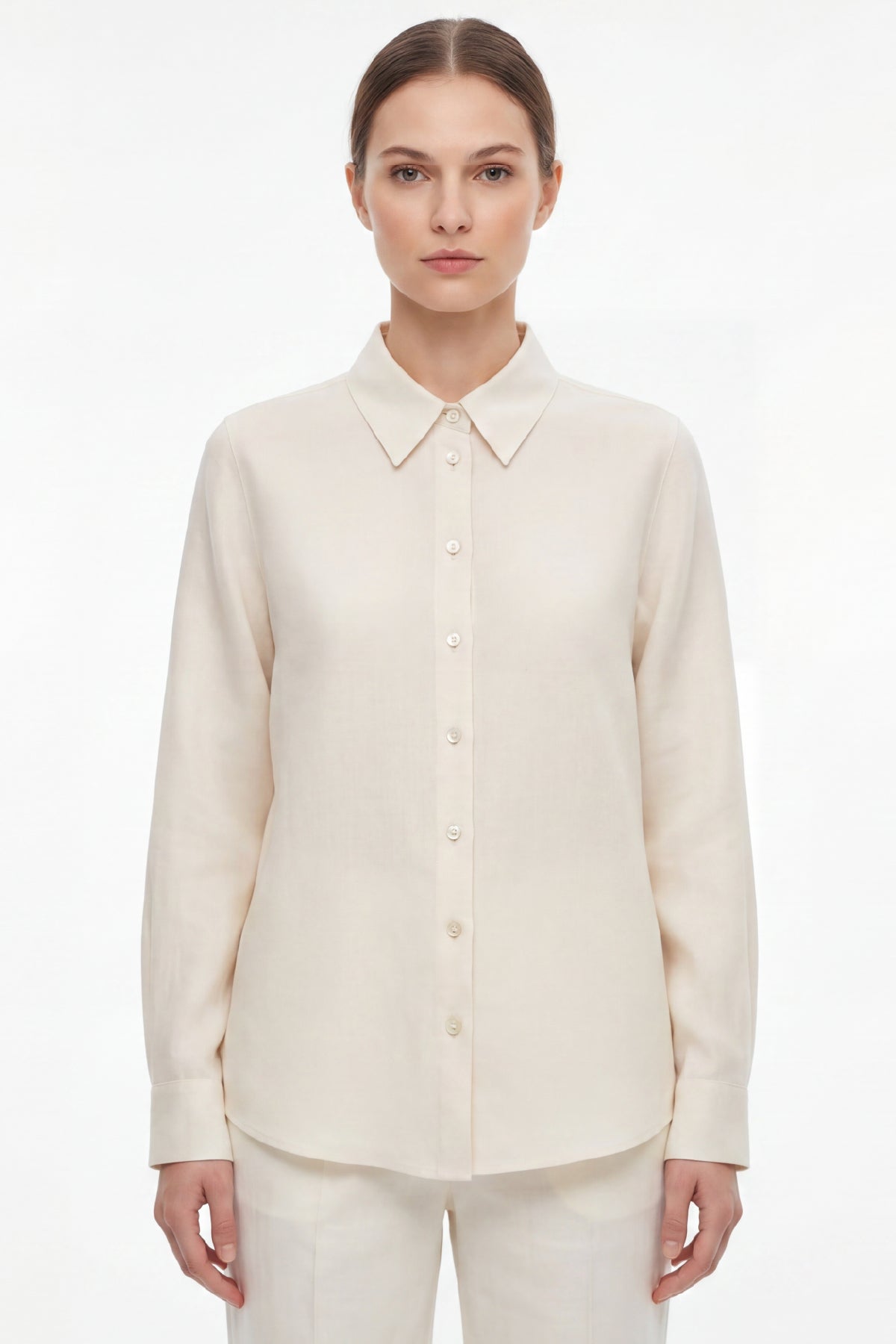 Kadın Gia %100 Doğal Keten Gömlek - Klasik Yaka Basic Minimalist Tasarım Ekru W207-K0401-01