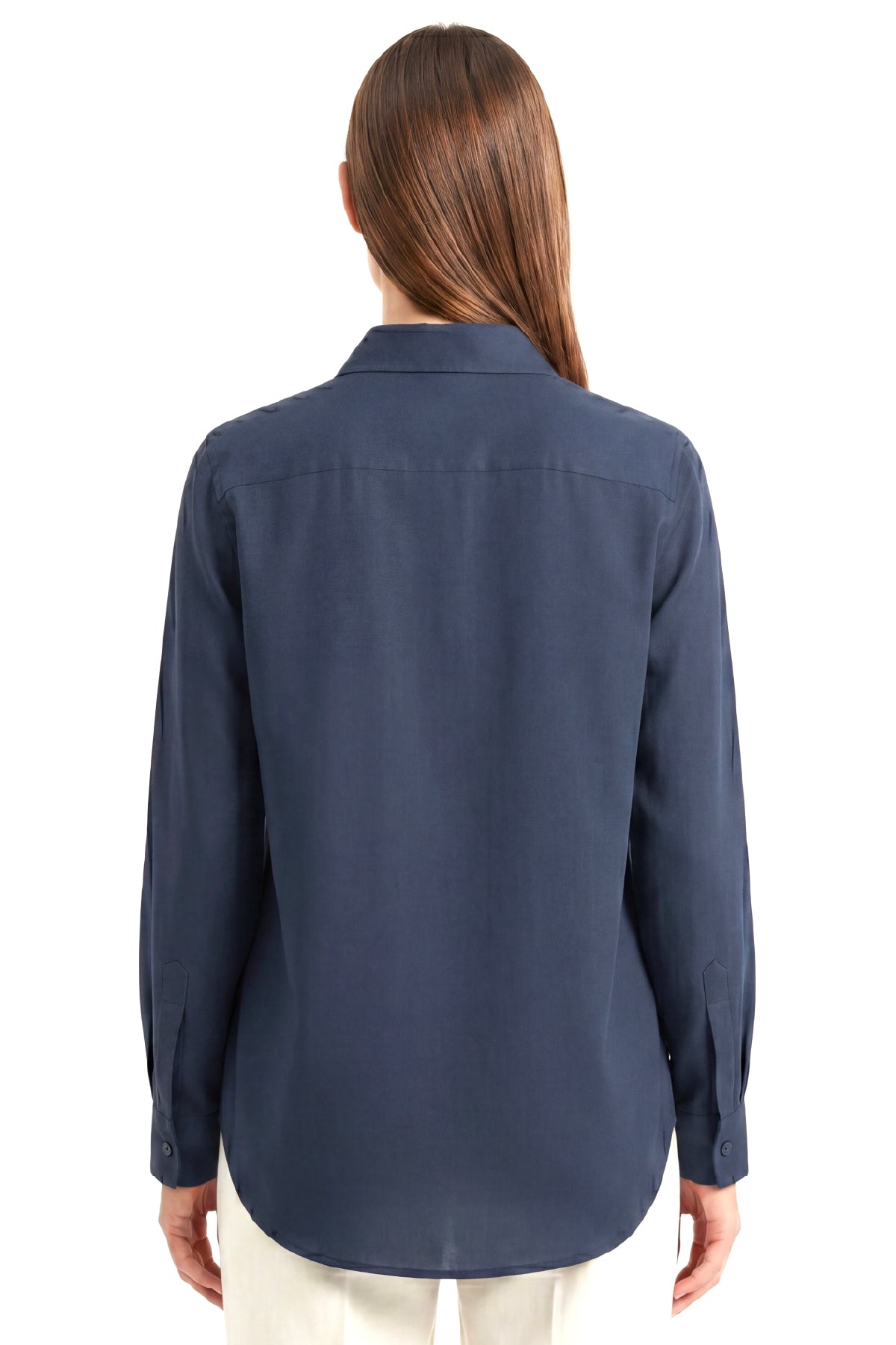 Kadın Solo %100 Doğal Keten Gömlek - Klasik Yaka Basic Minimalist Tasarım Lacivert W208-K0401-03