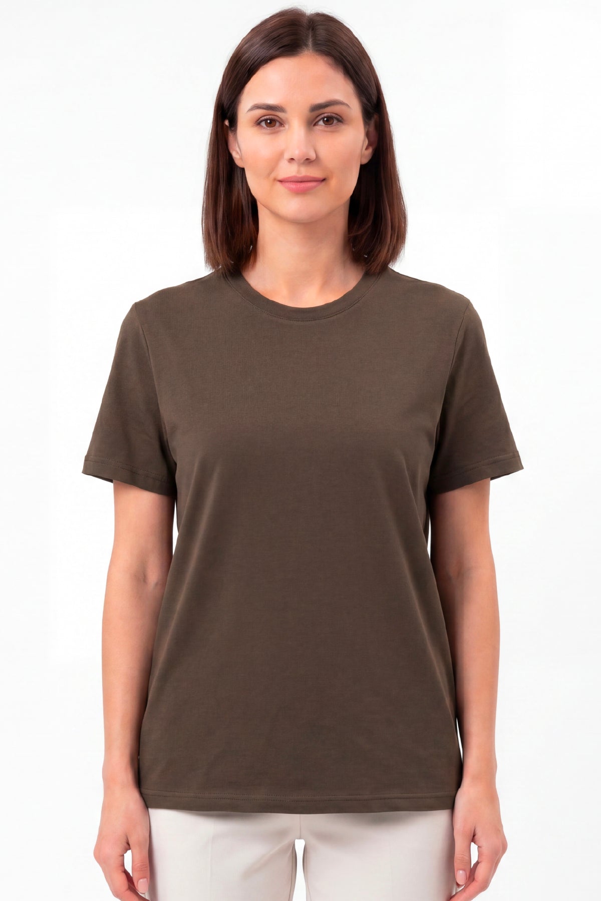 Kadın Vision Bisiklet Yaka Premium Kalite Yoğun Dokulu Pamuklu T-Shirt Kahverengi W101-R0220-06