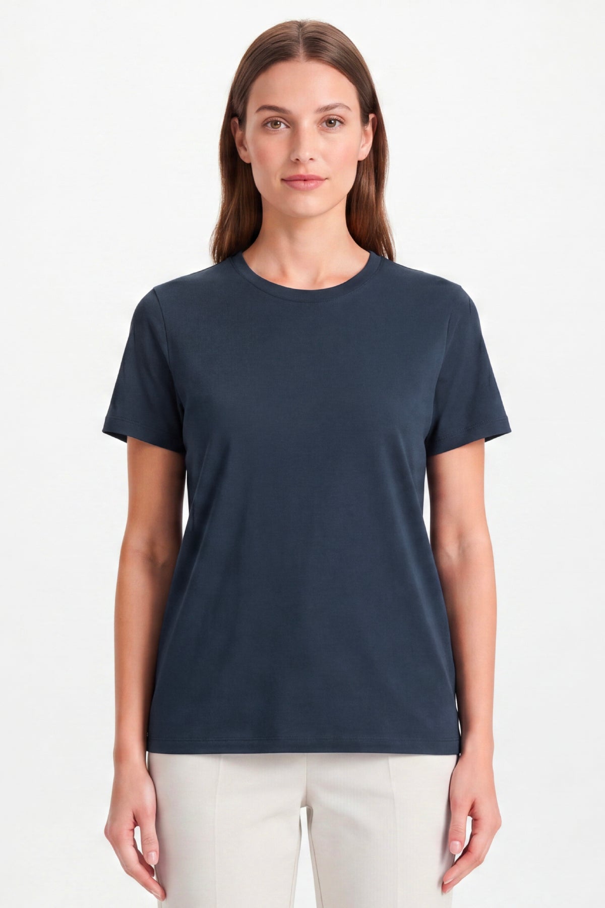 Kadın Vision Bisiklet Yaka Premium Kalite Yoğun Dokulu Pamuklu T-Shirt Lacivert W101-R0220-07
