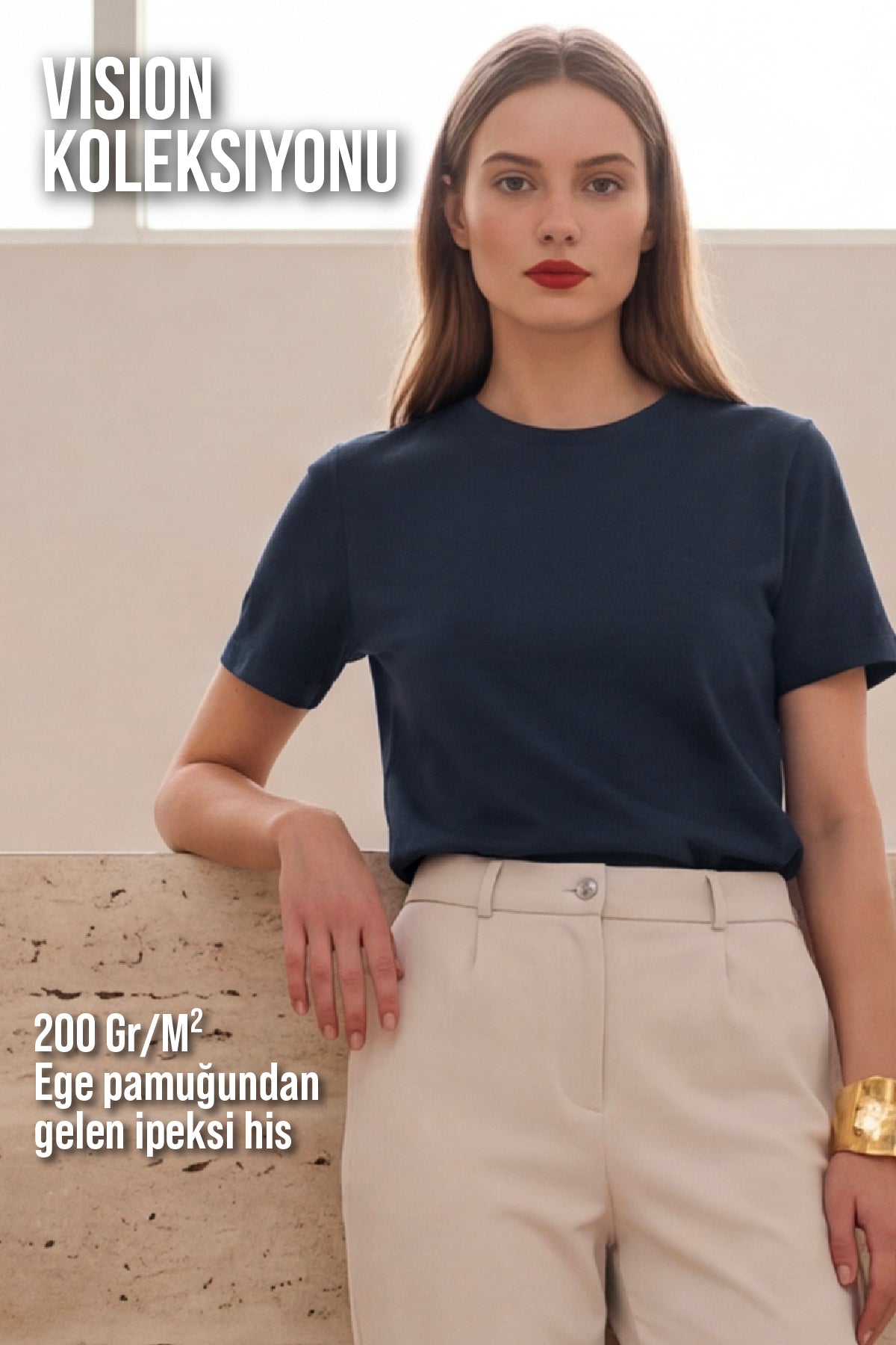 Kadın Vision Bisiklet Yaka Premium Kalite Yoğun Dokulu Pamuklu T-Shirt Lacivert W101-R0220-07