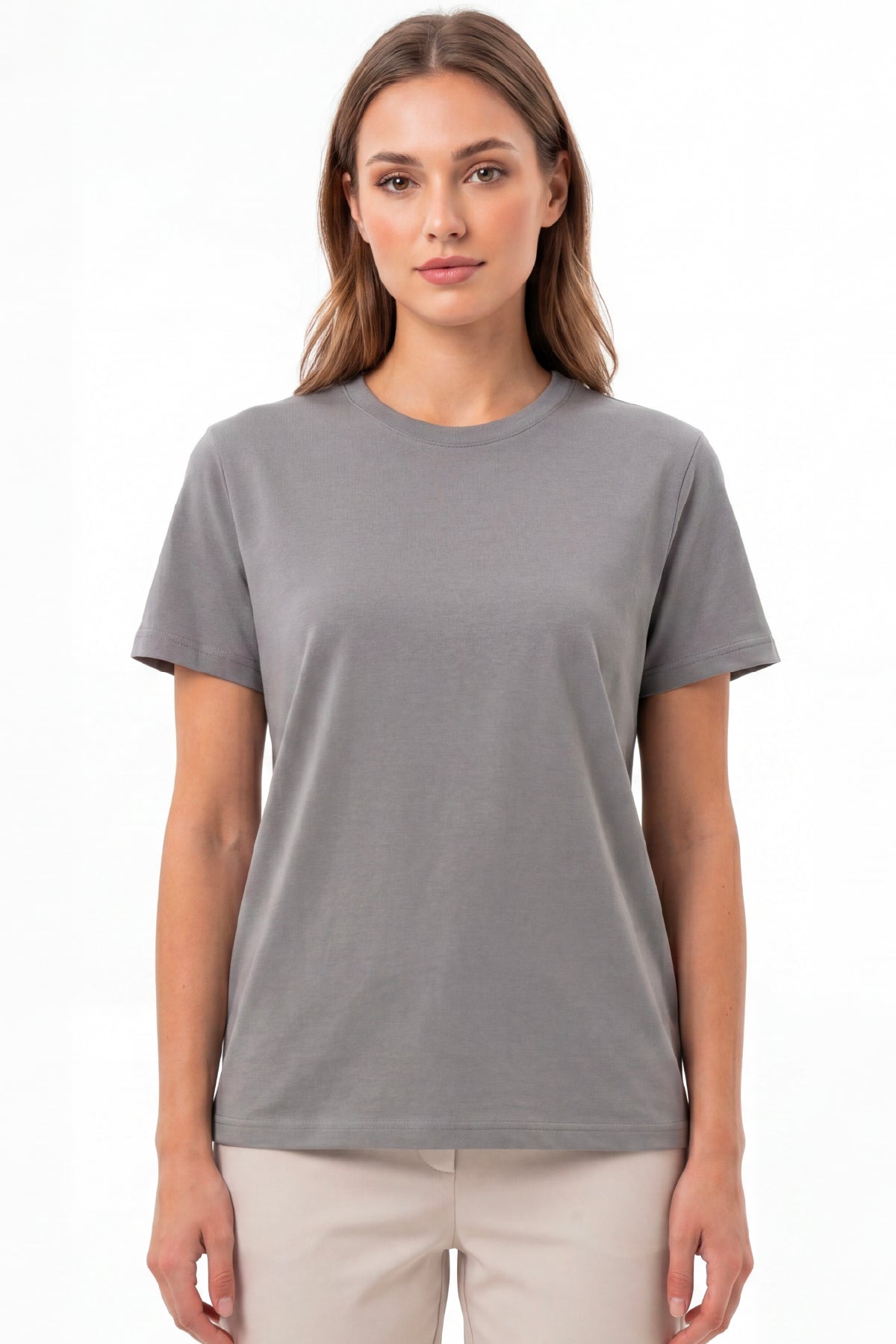 Kadın Vision Bisiklet Yaka Premium Kalite Yoğun Dokulu Pamuklu T-Shirt Koyu Gri W101-R0220-04