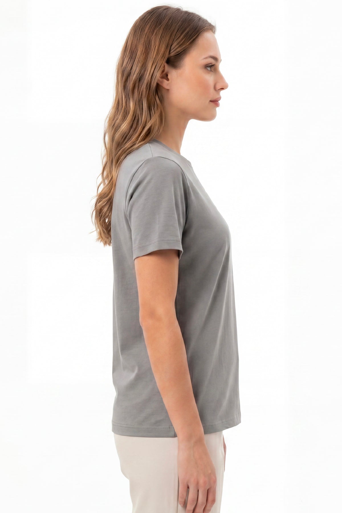 Kadın Vision Bisiklet Yaka Premium Kalite Yoğun Dokulu Pamuklu T-Shirt Koyu Gri W101-R0220-04