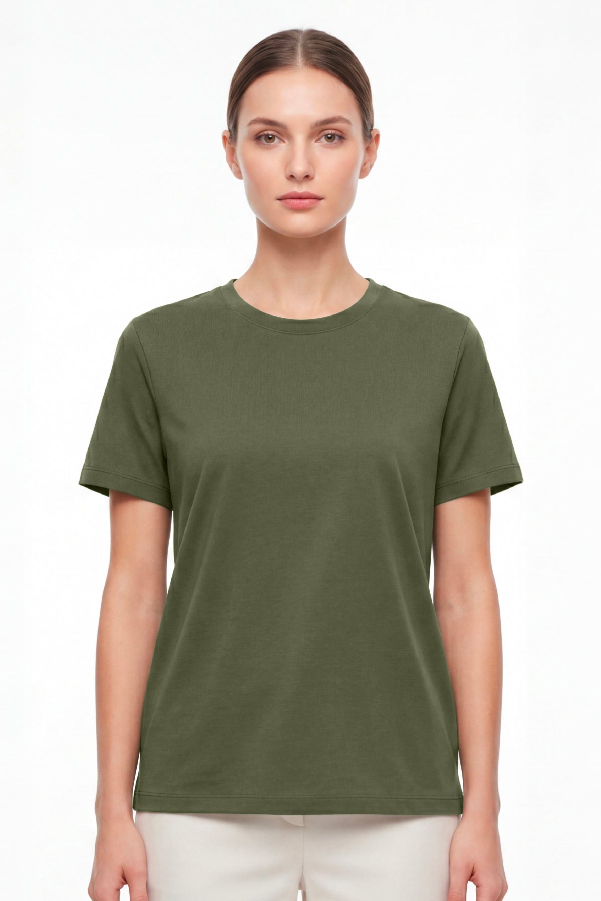 Kadın Vision Bisiklet Yaka Premium Kalite Yoğun Dokulu Pamuklu T-Shirt Haki W101-R0220-05