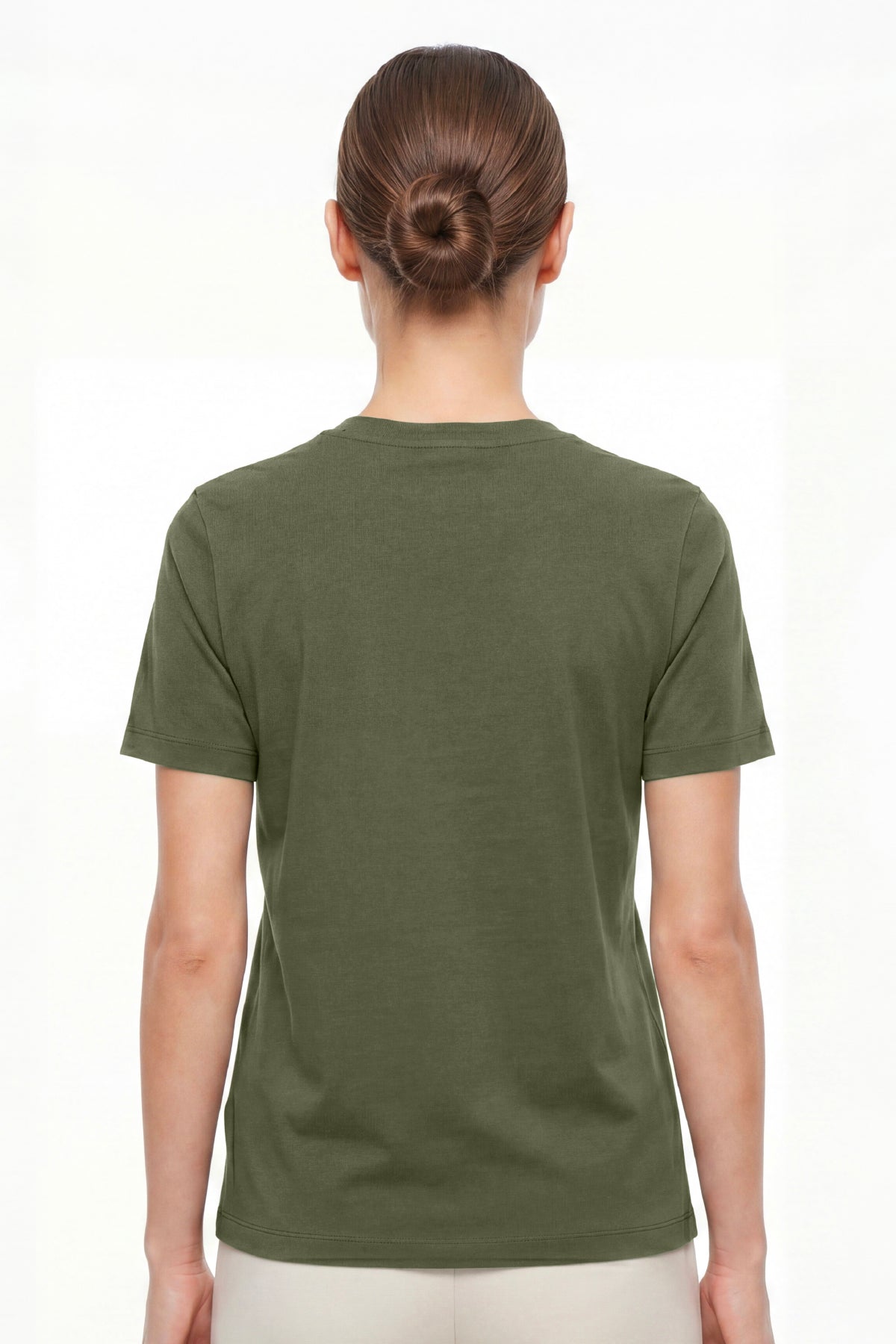 Kadın Vision Bisiklet Yaka Premium Kalite Yoğun Dokulu Pamuklu T-Shirt Haki W101-R0220-05