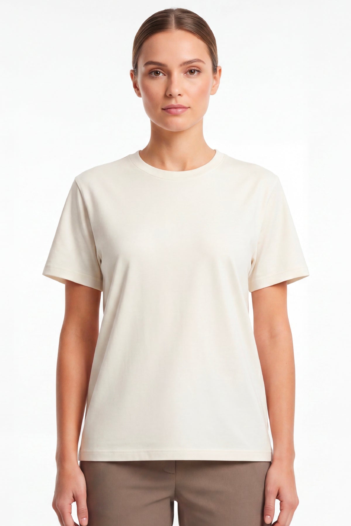Kadın Vision Bisiklet Yaka Premium Kalite Yoğun Dokulu Pamuklu T-Shirt Krem W101-R0220-02