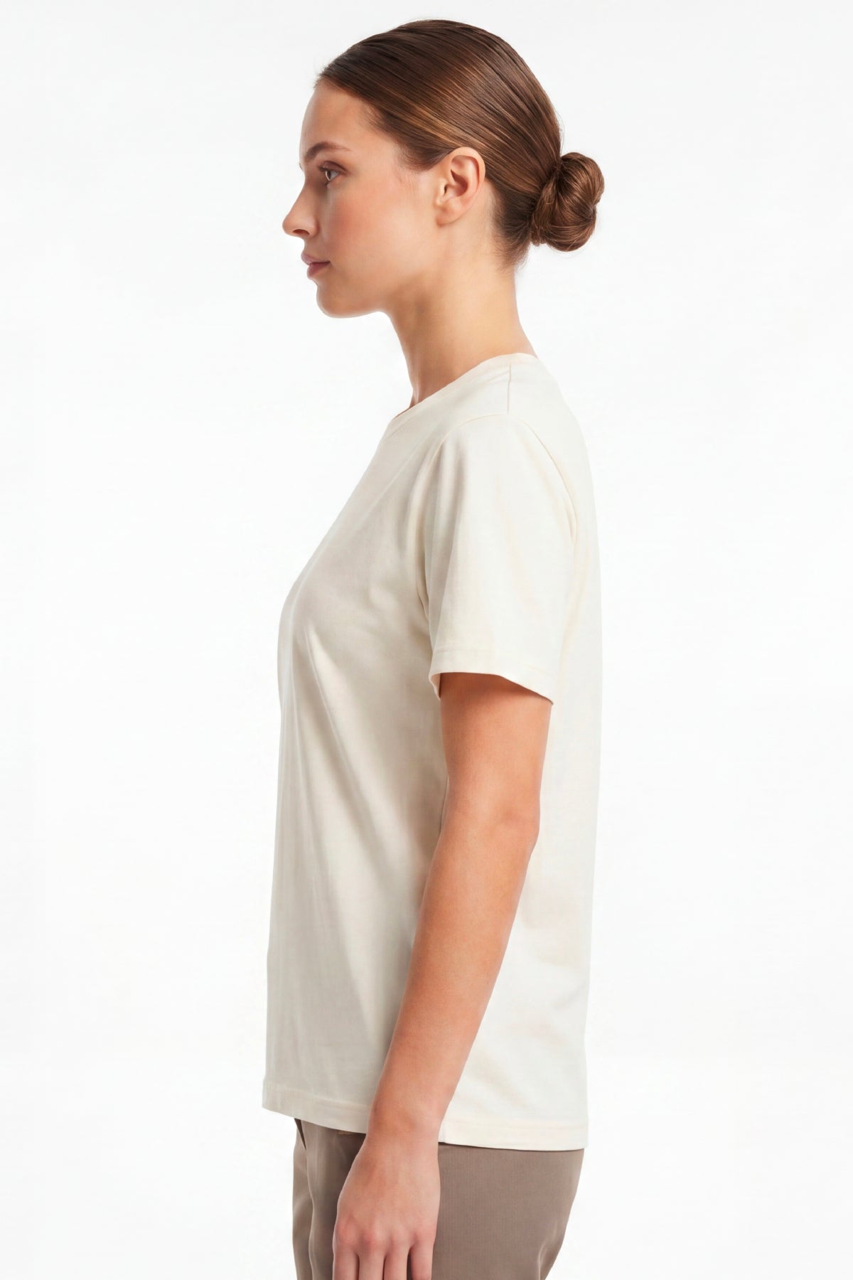 Kadın Vision Bisiklet Yaka Premium Kalite Yoğun Dokulu Pamuklu T-Shirt Krem W101-R0220-02