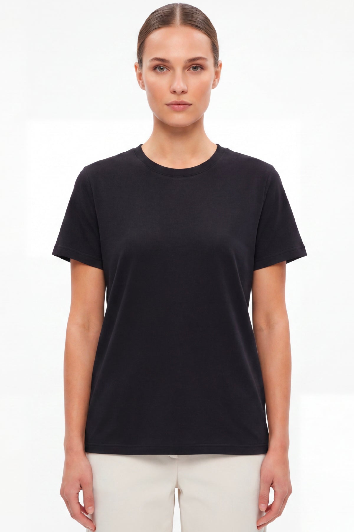 Kadın Vision Bisiklet Yaka Premium Kalite Yoğun Dokulu Pamuklu T-Shirt Siyah W101-R0220-08