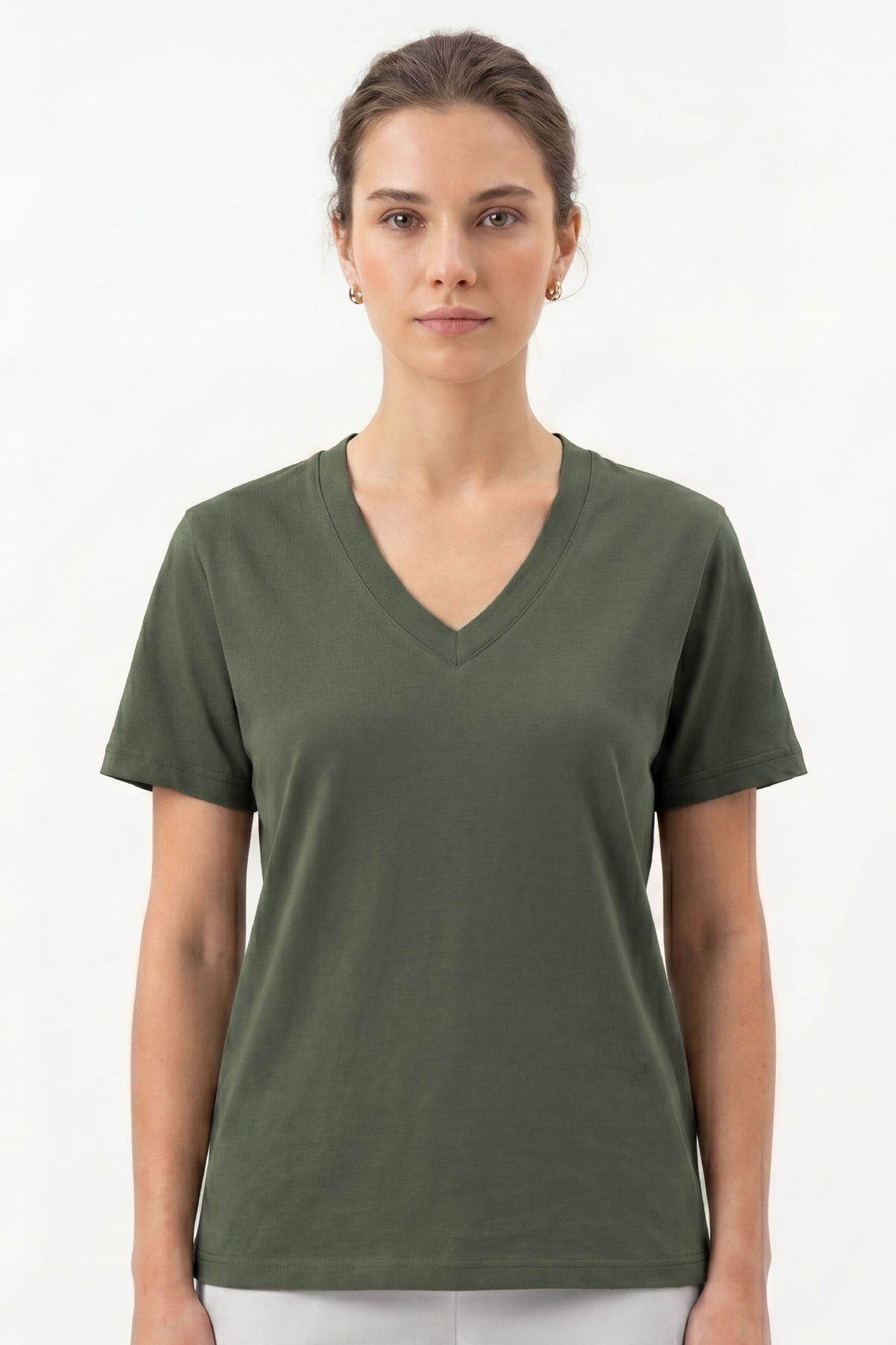 Kadın Vision V Yaka Premium Kalite Yoğun Dokulu Pamuklu T-Shirt Haki W102-R0220-06