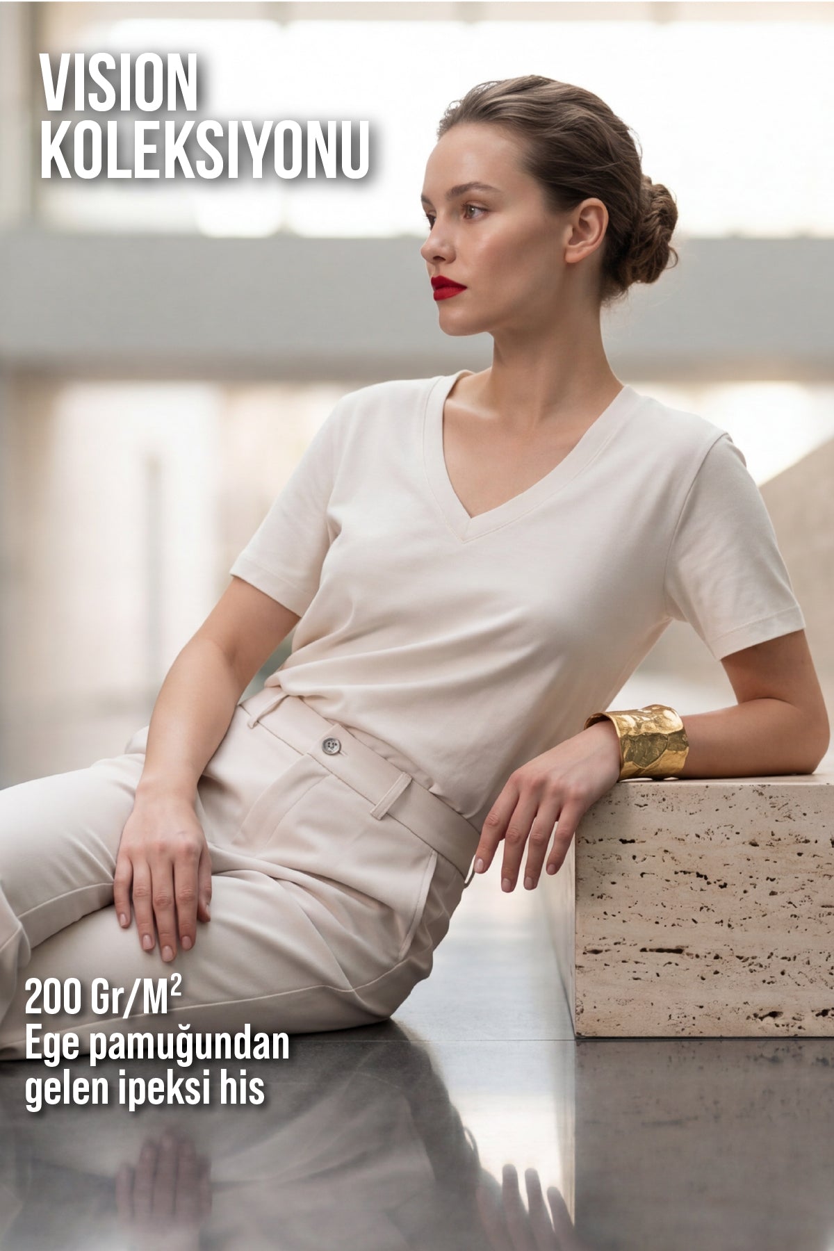 Kadın Vision V Yaka Premium Kalite Yoğun Dokulu Pamuklu T-Shirt Krem W102-R0220-02