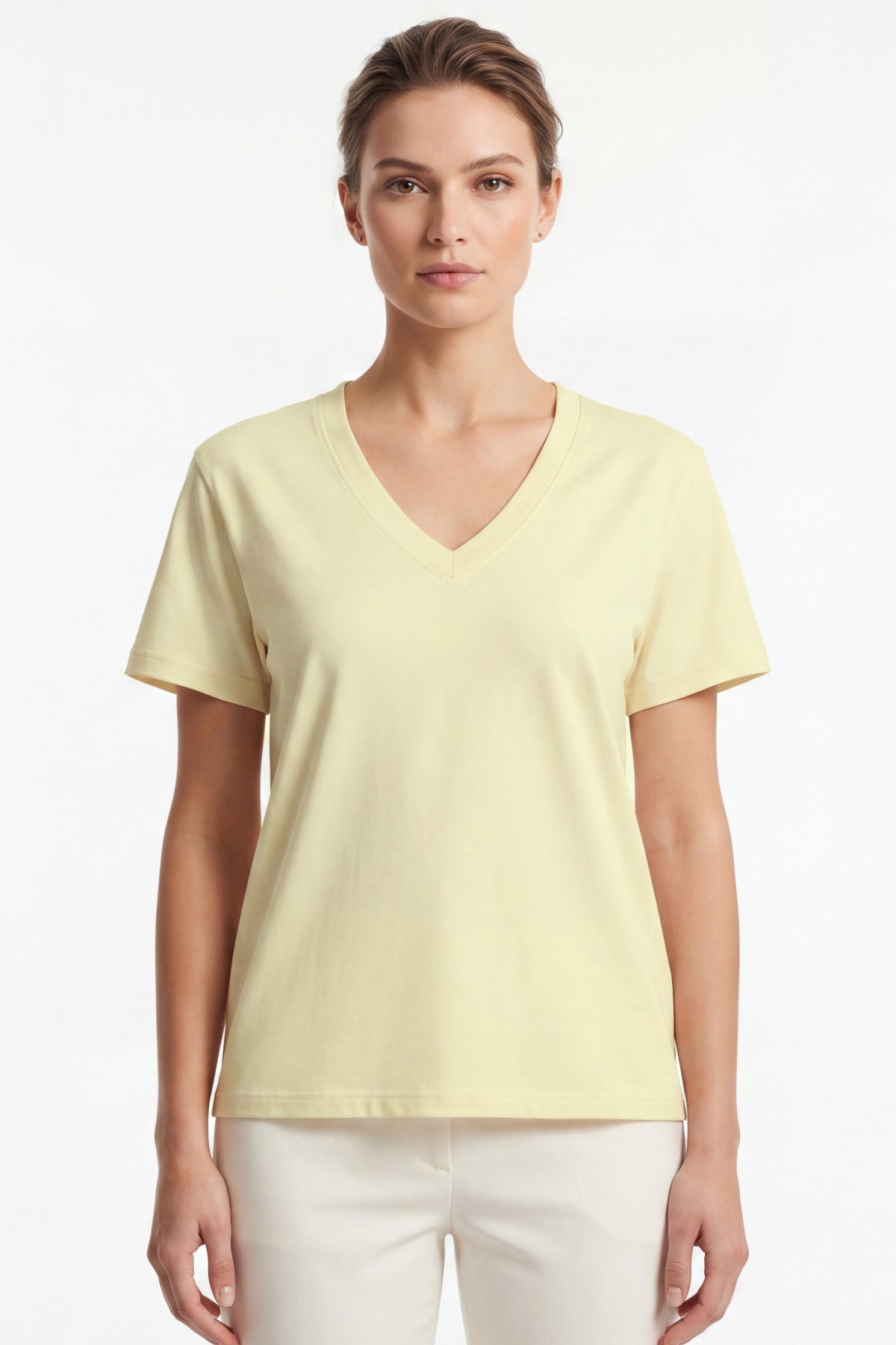 Kadın Vision V Yaka Premium Kalite Yoğun Dokulu Pamuklu T-Shirt Sarı W102-R0220-03