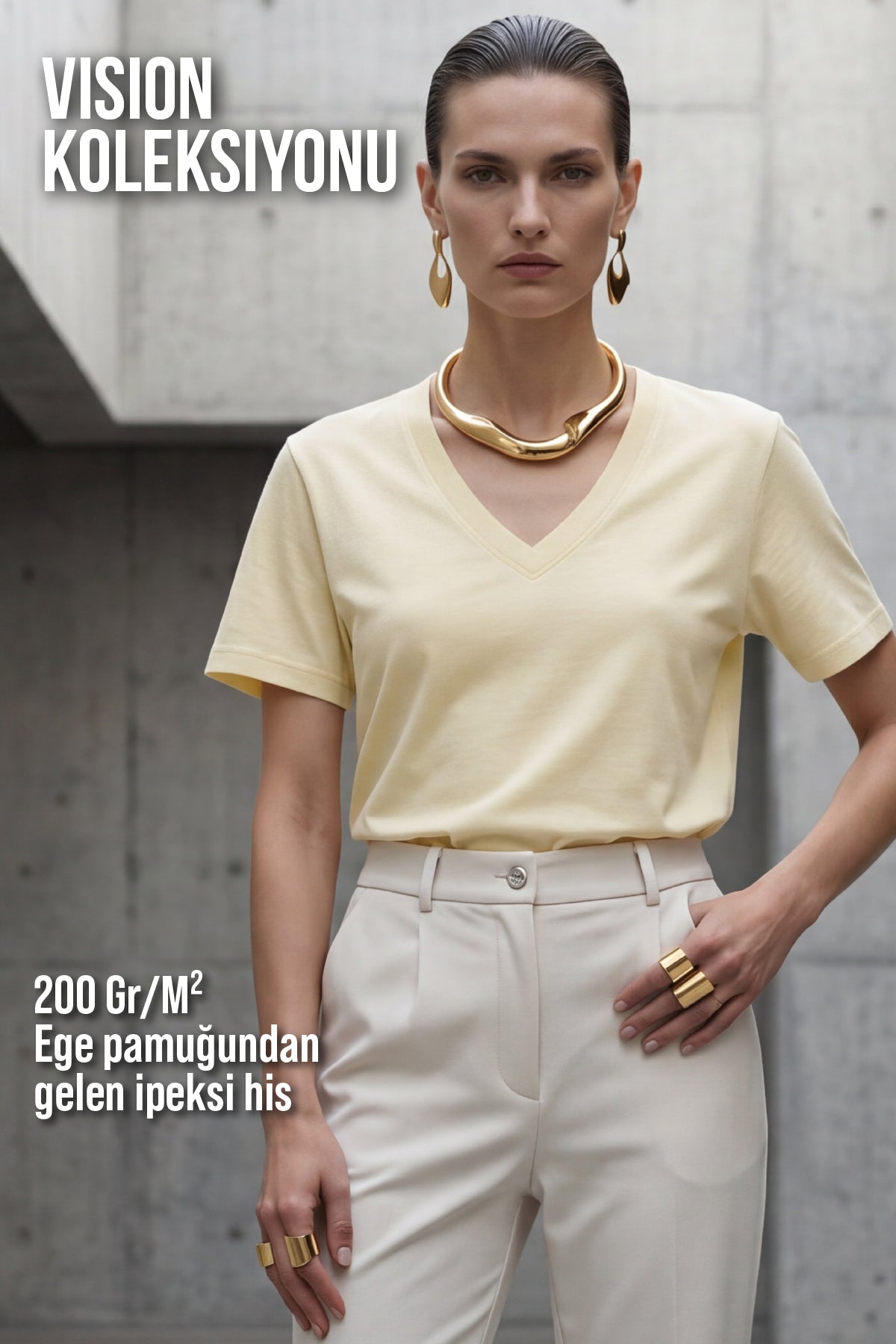 Kadın Vision V Yaka Premium Kalite Yoğun Dokulu Pamuklu T-Shirt Sarı W102-R0220-03