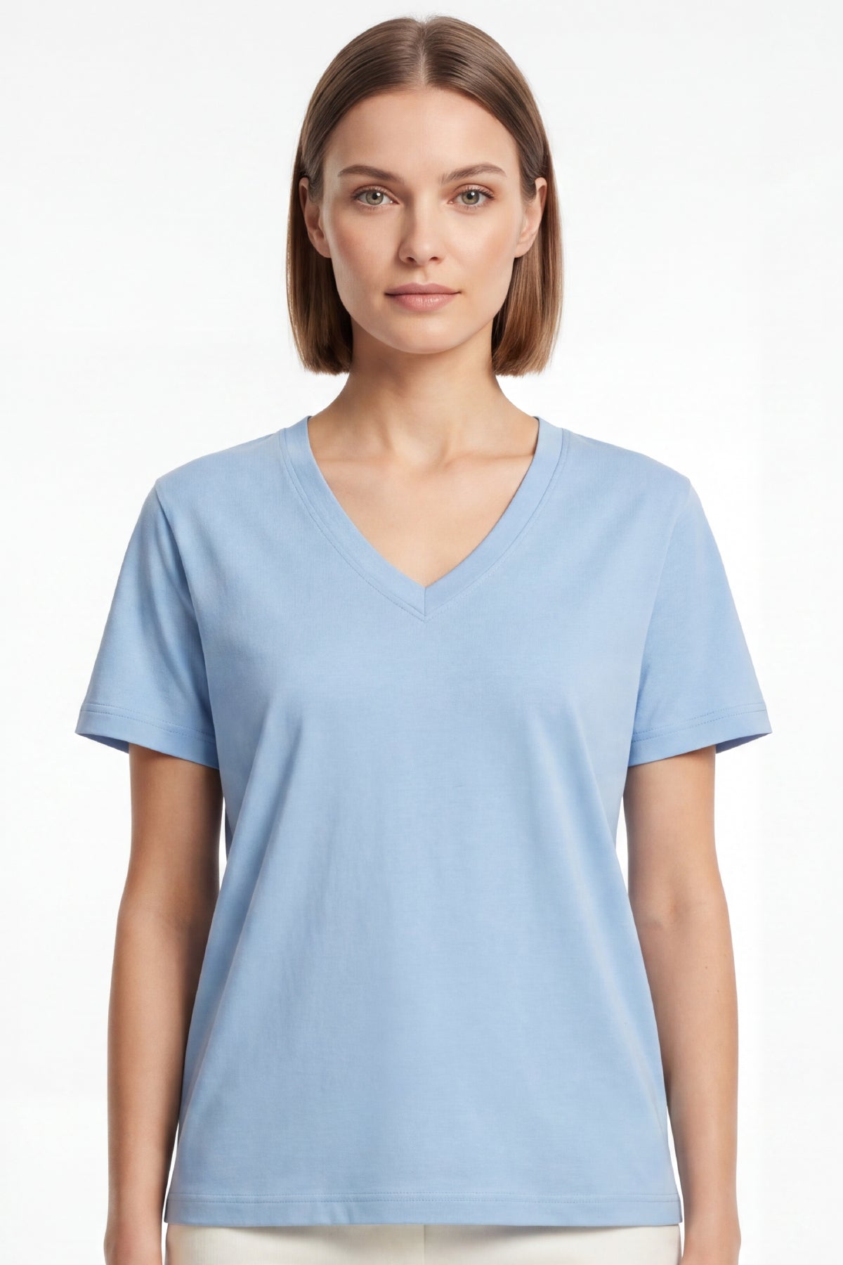 Kadın Vision V Yaka Premium Kalite Yoğun Dokulu Pamuklu T-Shirt Açık Mavi W102-R0220-04
